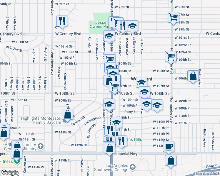 map of restaurants, bars, coffee shops, grocery stores, and more near 10705 South Western Avenue in Los Angeles