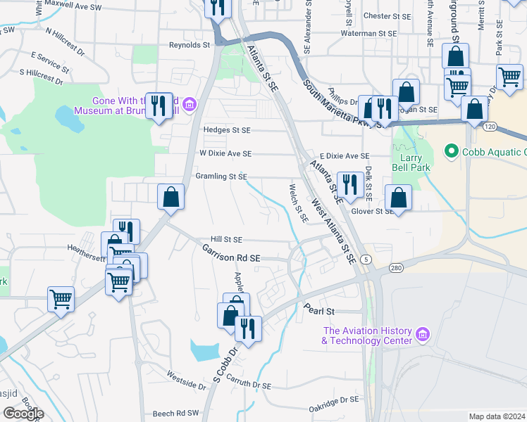 map of restaurants, bars, coffee shops, grocery stores, and more near 564 Little Street Southeast in Marietta