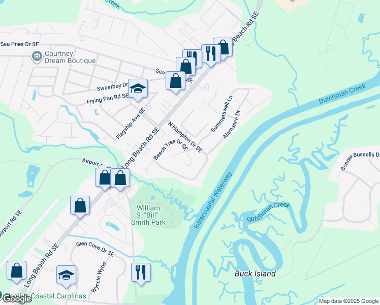 map of restaurants, bars, coffee shops, grocery stores, and more near 4509 Fleetwood Falls Drive Southeast in Southport