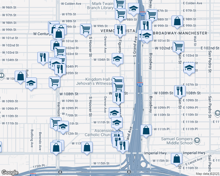 map of restaurants, bars, coffee shops, grocery stores, and more near 540 West 107th Street in Los Angeles