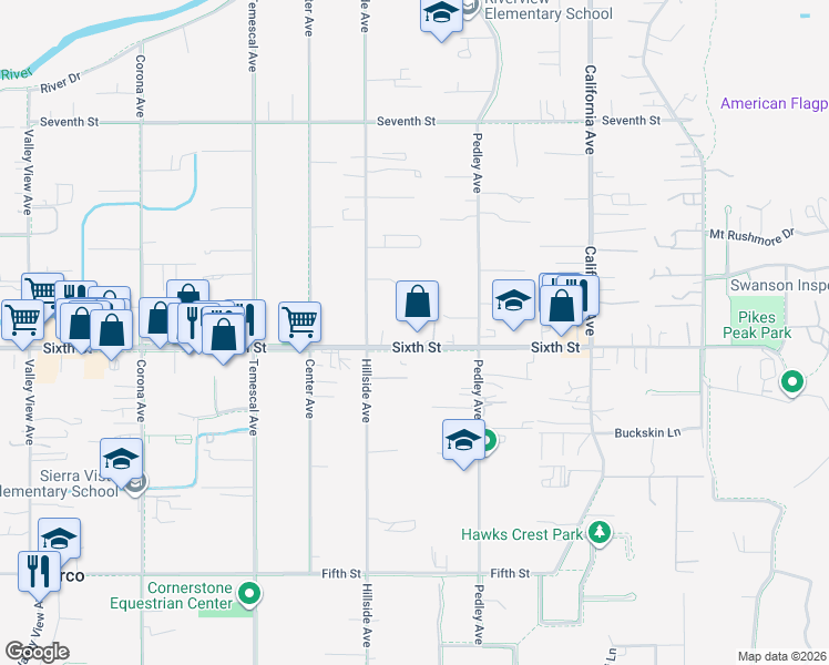 map of restaurants, bars, coffee shops, grocery stores, and more near 633 Sixth Street in Norco