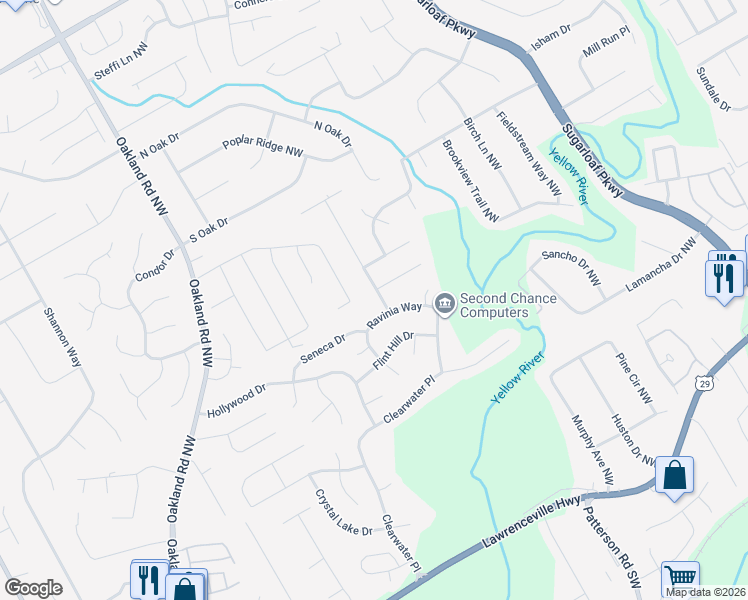 map of restaurants, bars, coffee shops, grocery stores, and more near 415 Ringtail Drive in Lawrenceville