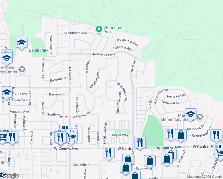 map of restaurants, bars, coffee shops, grocery stores, and more near 846 Mooncrest Circle in Brea