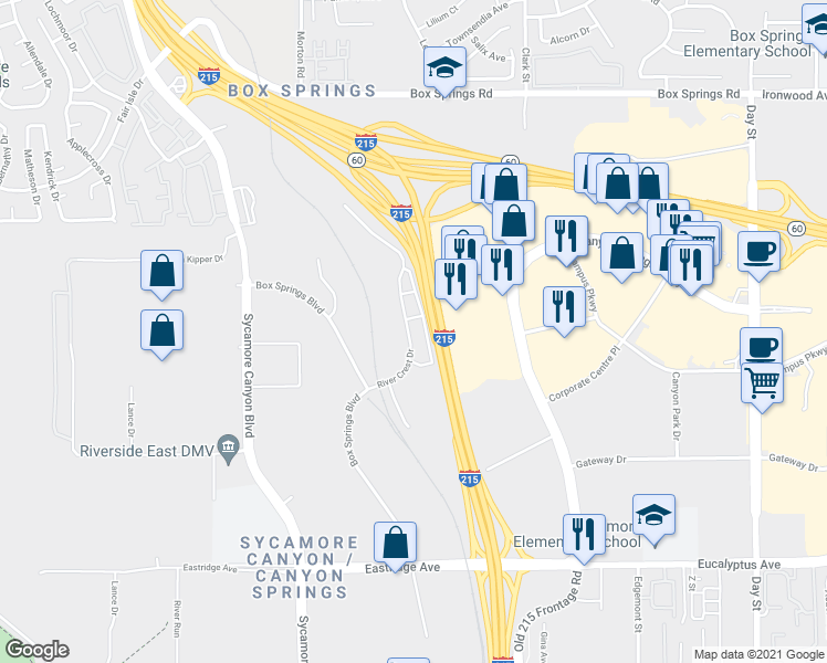 map of restaurants, bars, coffee shops, grocery stores, and more near 6235 River Crest Drive in Riverside
