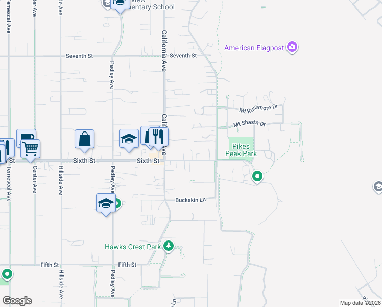 map of restaurants, bars, coffee shops, grocery stores, and more near 233 Sixth Street in Norco