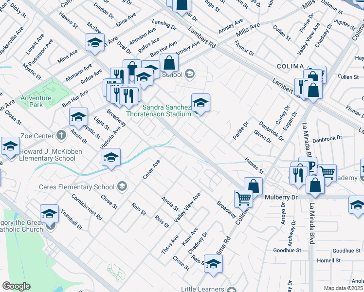 map of restaurants, bars, coffee shops, grocery stores, and more near 14432 Mulberry Drive in Whittier