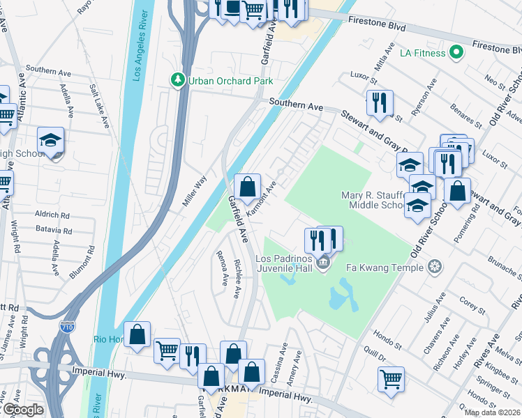 map of restaurants, bars, coffee shops, grocery stores, and more near 10048 Karmont Avenue in South Gate