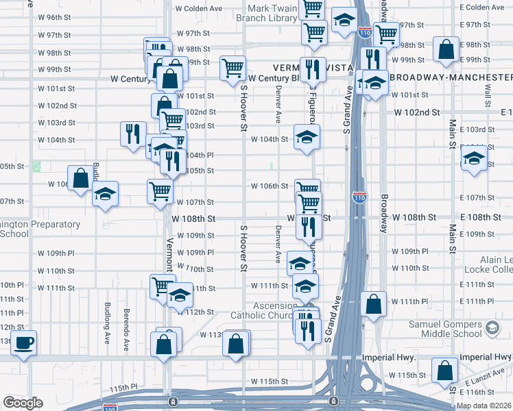 map of restaurants, bars, coffee shops, grocery stores, and more near 616 West 107th Street in Los Angeles