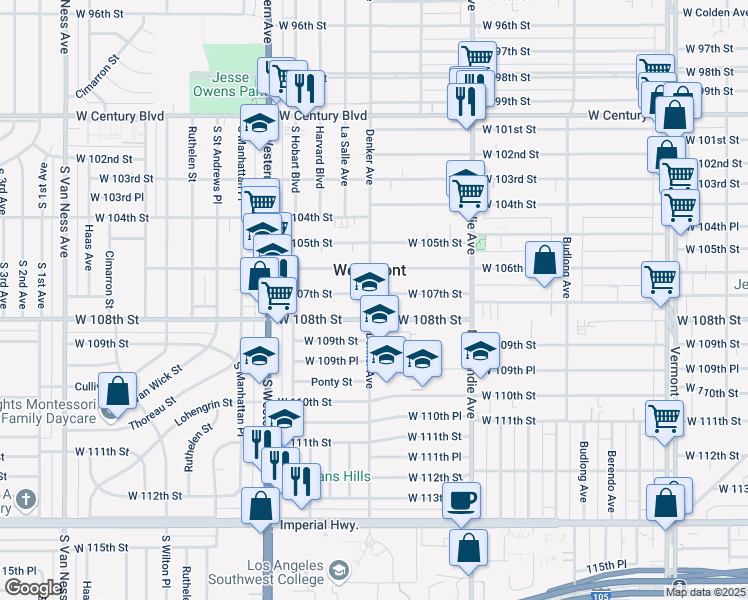 map of restaurants, bars, coffee shops, grocery stores, and more near 1606 West 107th Street in Los Angeles