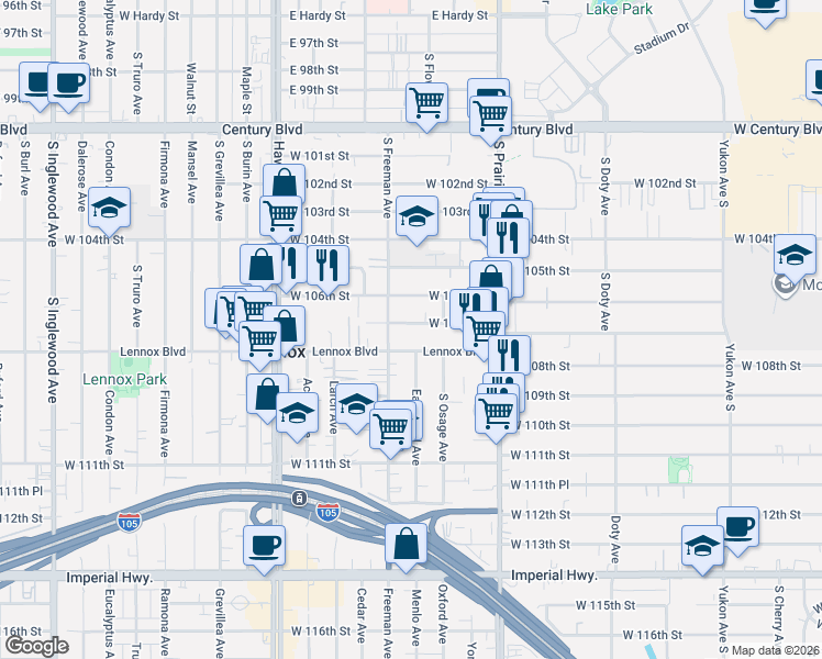 map of restaurants, bars, coffee shops, grocery stores, and more near 4126 West 107th Street in Inglewood