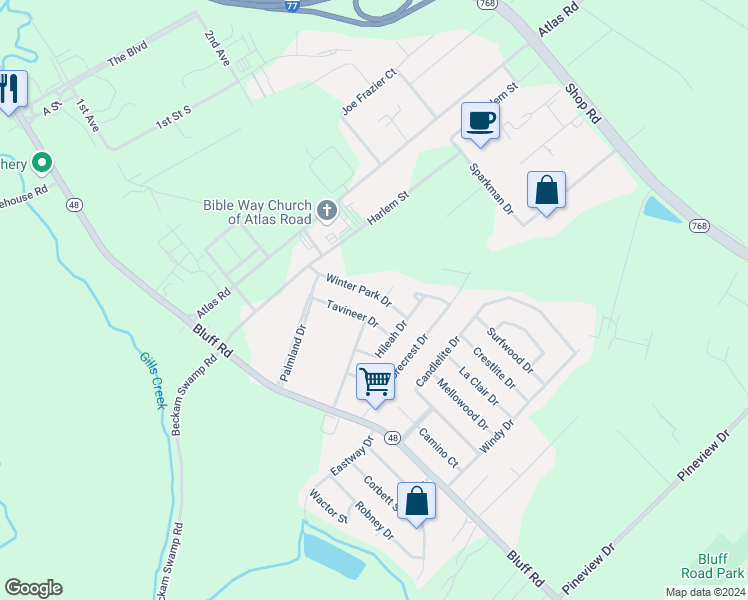 map of restaurants, bars, coffee shops, grocery stores, and more near 2500 Marathon Drive in Columbia