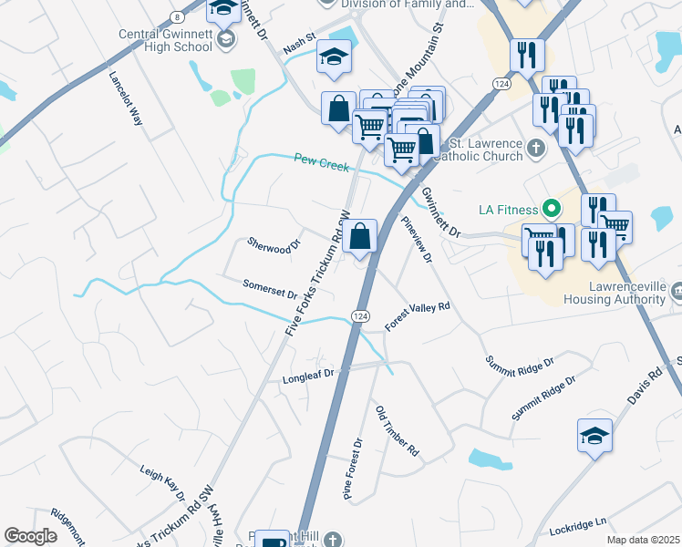 map of restaurants, bars, coffee shops, grocery stores, and more near 493 Stone Mountain Street in Lawrenceville