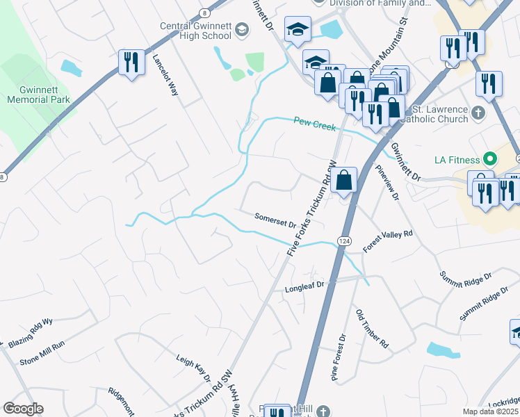 map of restaurants, bars, coffee shops, grocery stores, and more near 703 Somerset Drive in Lawrenceville