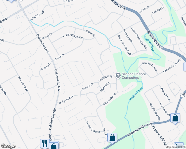 map of restaurants, bars, coffee shops, grocery stores, and more near 1666 Stoney Chase Drive in Lawrenceville