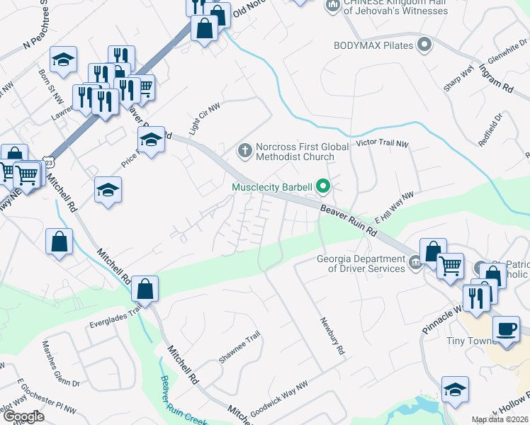 map of restaurants, bars, coffee shops, grocery stores, and more near 5364 Hickory Knoll Northwest in Norcross