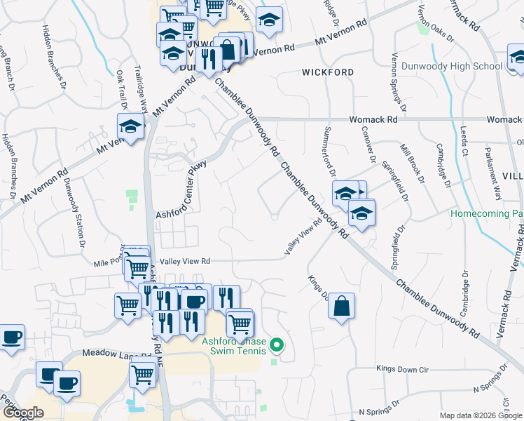 map of restaurants, bars, coffee shops, grocery stores, and more near 1364 Nerine Circle in Dunwoody