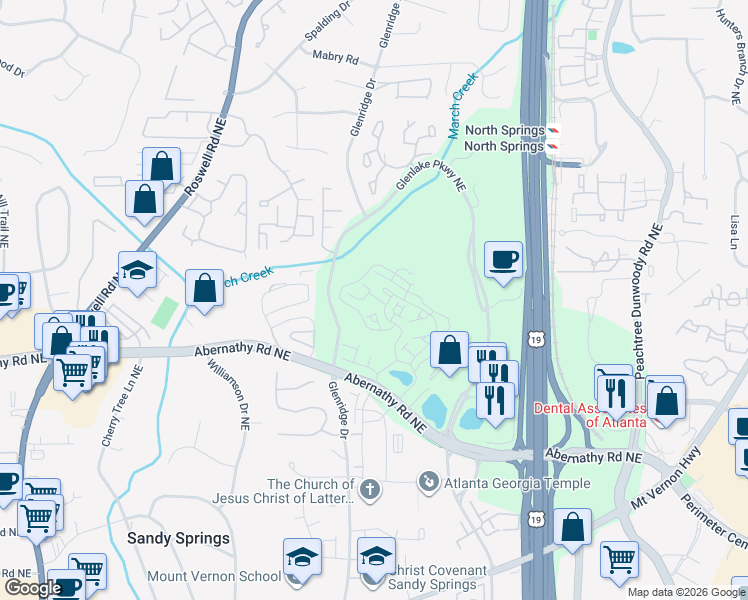 map of restaurants, bars, coffee shops, grocery stores, and more near 6779 Encore Boulevard in Sandy Springs