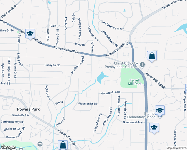 map of restaurants, bars, coffee shops, grocery stores, and more near 490 Berrypatch Court Southeast in Marietta