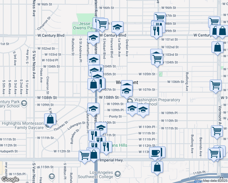 map of restaurants, bars, coffee shops, grocery stores, and more near 1650 West 107th Street in Los Angeles