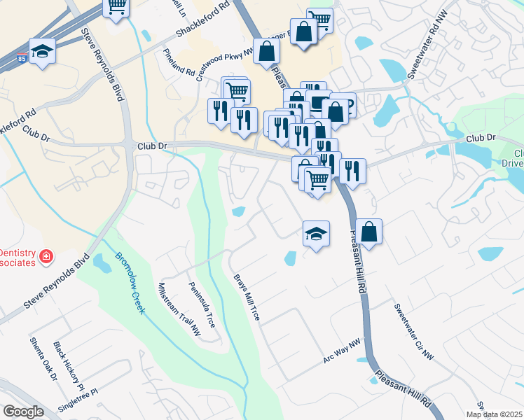 map of restaurants, bars, coffee shops, grocery stores, and more near Woodington Circle in Lawrenceville