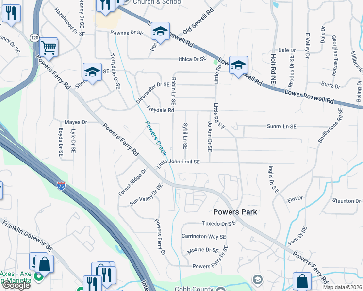 map of restaurants, bars, coffee shops, grocery stores, and more near 534 Sybil Lane Southeast in Marietta