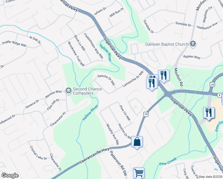 map of restaurants, bars, coffee shops, grocery stores, and more near 1733 Lamancha Drive Northwest in Lawrenceville