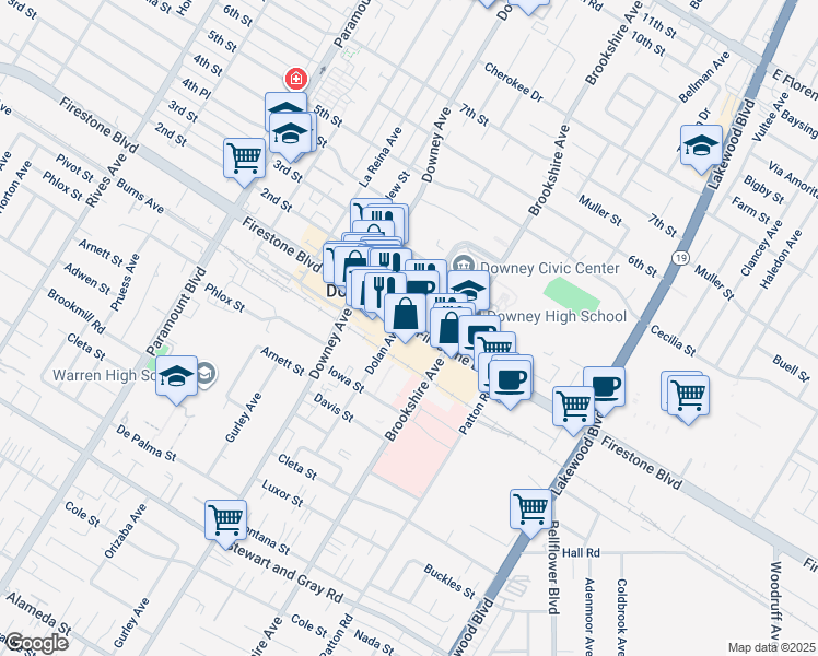 map of restaurants, bars, coffee shops, grocery stores, and more near California 42 in Downey