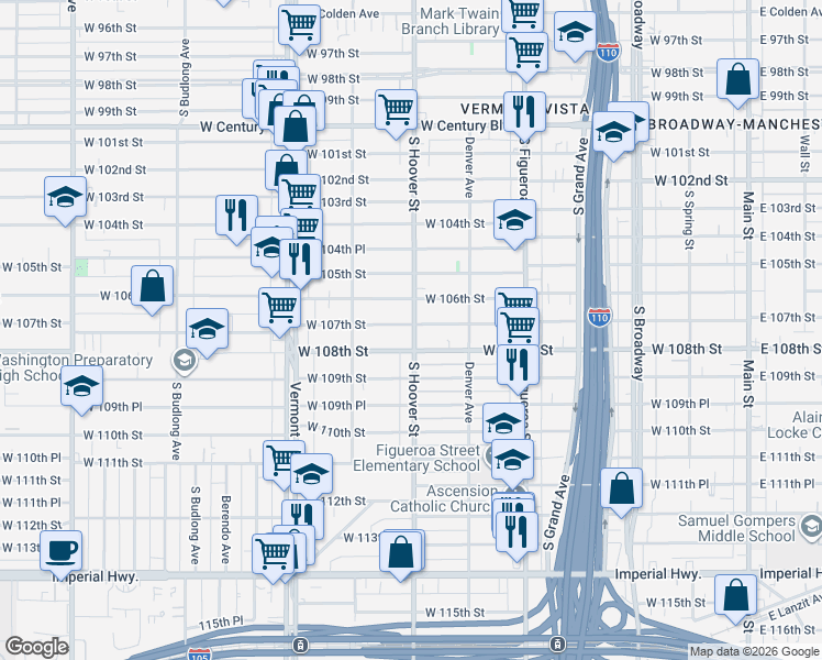 map of restaurants, bars, coffee shops, grocery stores, and more near 698 West 107th Street in Los Angeles