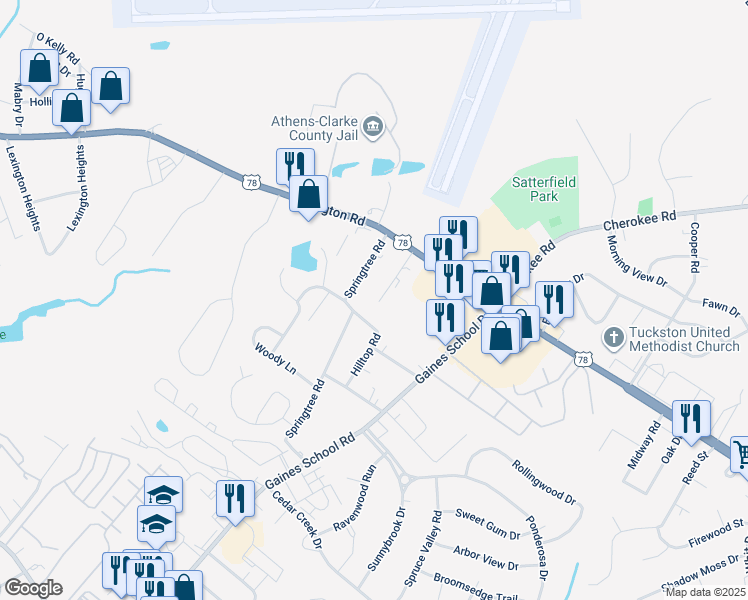 map of restaurants, bars, coffee shops, grocery stores, and more near 198 Mimosa Drive in Athens