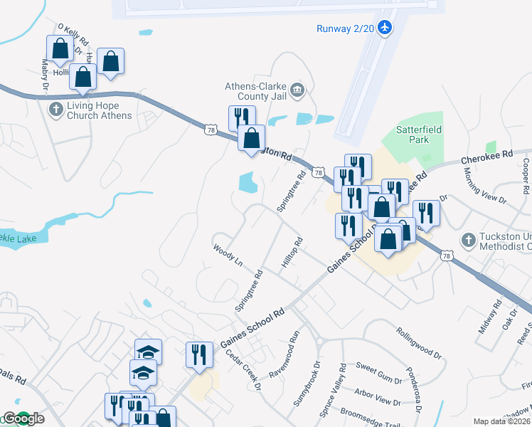 map of restaurants, bars, coffee shops, grocery stores, and more near 196 Cabin Lane Extension in Athens