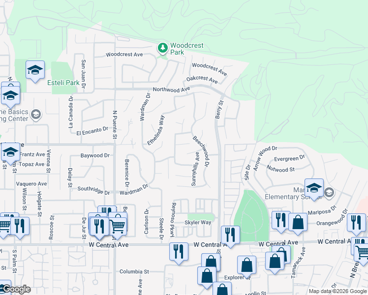 map of restaurants, bars, coffee shops, grocery stores, and more near 846 Mooncrest Circle in Brea
