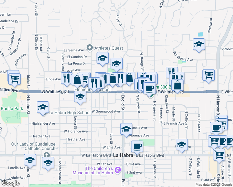 map of restaurants, bars, coffee shops, grocery stores, and more near 150 West Whittier Boulevard in La Habra