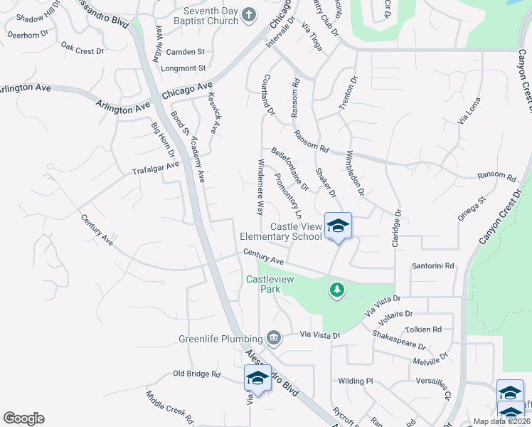 map of restaurants, bars, coffee shops, grocery stores, and more near 6140 Windemere Way in Riverside