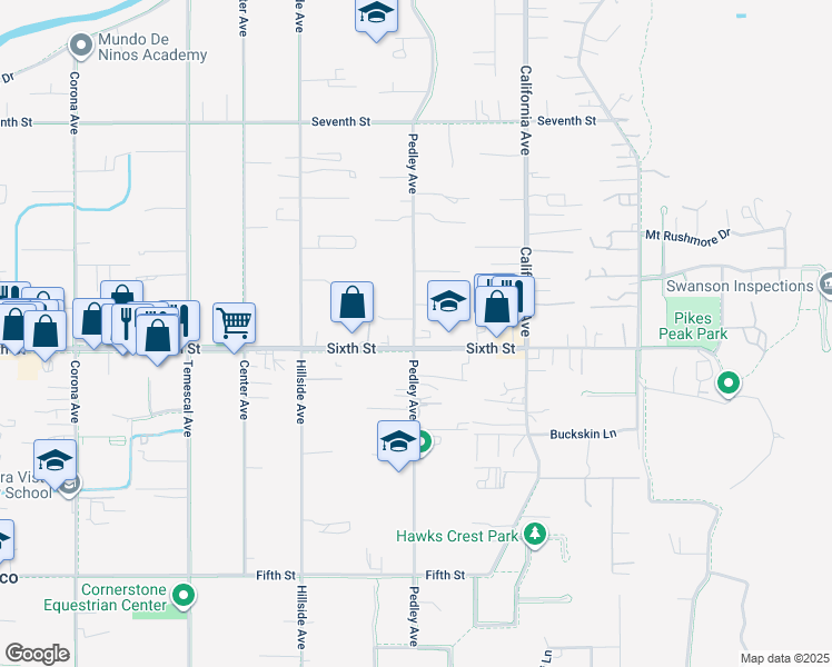 map of restaurants, bars, coffee shops, grocery stores, and more near 3933 Pedley Avenue in Norco