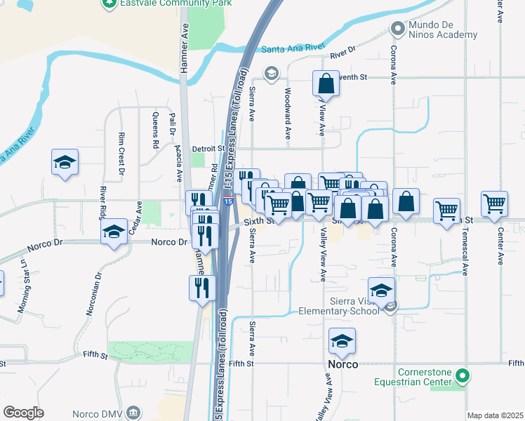 map of restaurants, bars, coffee shops, grocery stores, and more near 1473 Sixth Street in Norco