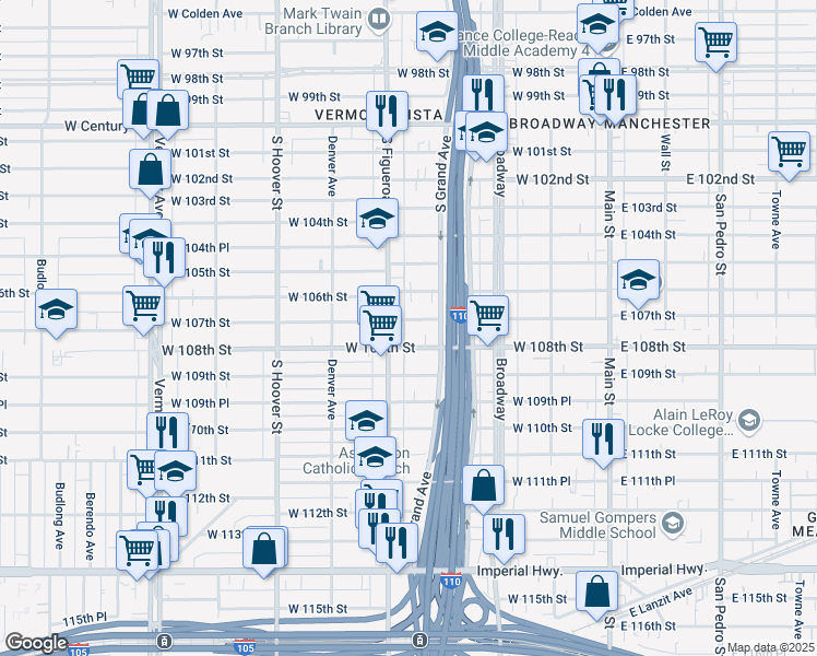 map of restaurants, bars, coffee shops, grocery stores, and more near 432 1/2 West 107th Street in Los Angeles