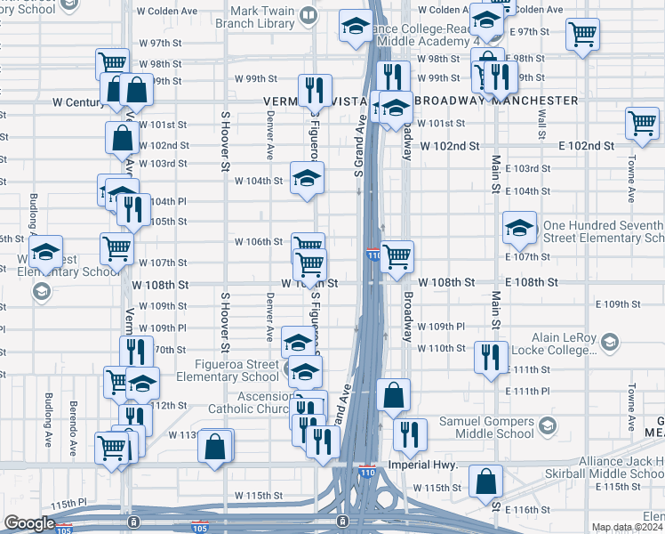 map of restaurants, bars, coffee shops, grocery stores, and more near 432 West 107th Street in Los Angeles