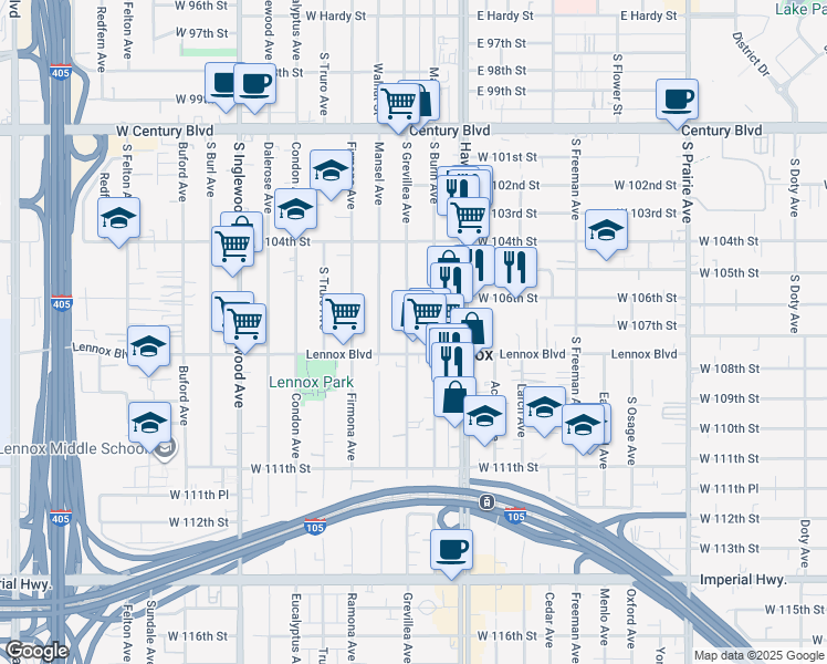map of restaurants, bars, coffee shops, grocery stores, and more near 10716 South Grevillea Avenue in Inglewood