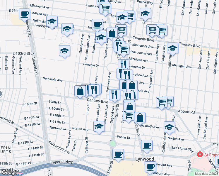 map of restaurants, bars, coffee shops, grocery stores, and more near 10508 San Jose Avenue in South Gate