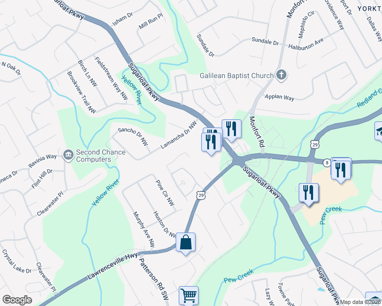 map of restaurants, bars, coffee shops, grocery stores, and more near 4664 Windale Drive Northwest in Lawrenceville