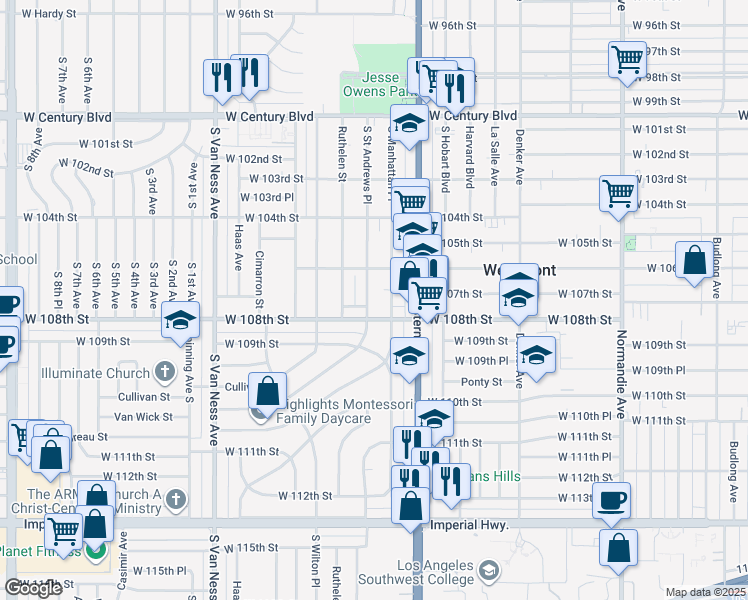 map of restaurants, bars, coffee shops, grocery stores, and more near 10636 South Saint Andrews Place in Los Angeles
