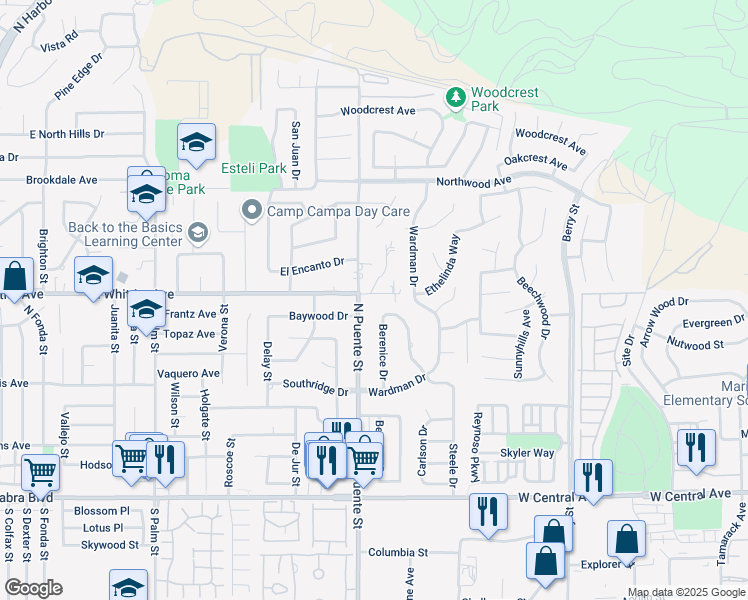 map of restaurants, bars, coffee shops, grocery stores, and more near 1162 Whittier Avenue in Brea