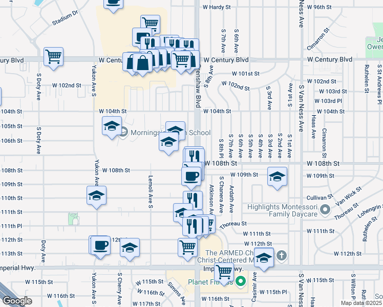 map of restaurants, bars, coffee shops, grocery stores, and more near 10637 Crenshaw Boulevard in Inglewood
