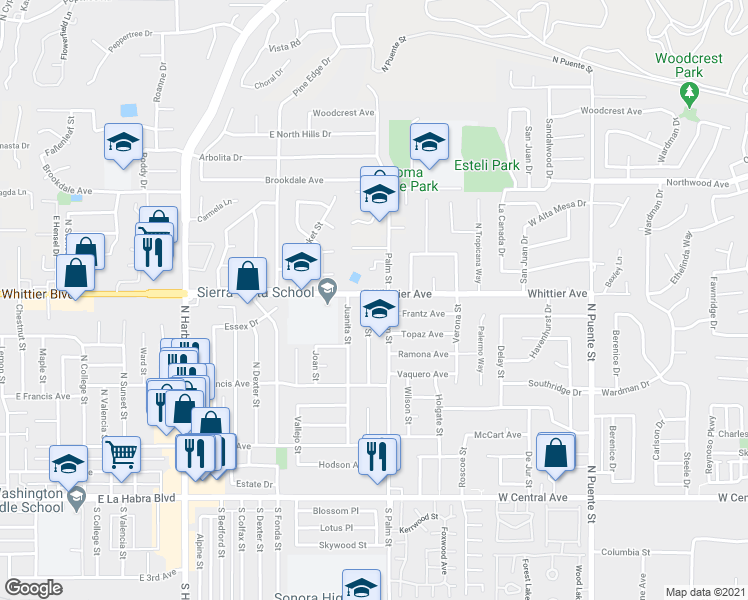 map of restaurants, bars, coffee shops, grocery stores, and more near 740 Laura Street in La Habra