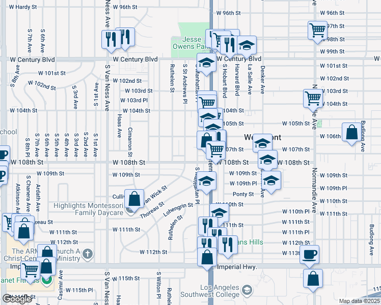 map of restaurants, bars, coffee shops, grocery stores, and more near 1310 Firestone Boulevard in Los Angeles