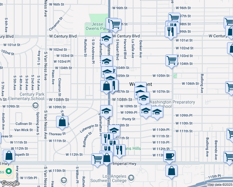 map of restaurants, bars, coffee shops, grocery stores, and more near 1736 West 107th Street in Los Angeles