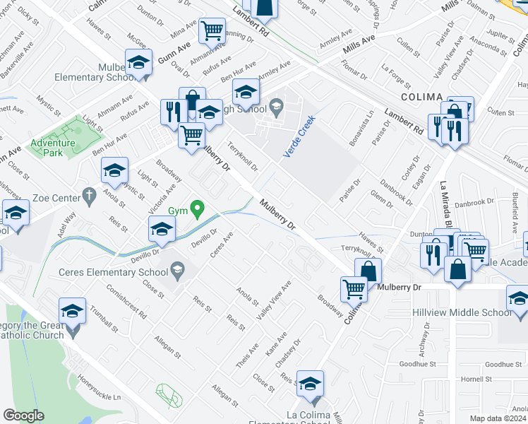 map of restaurants, bars, coffee shops, grocery stores, and more near 14432 Mulberry Drive in Whittier