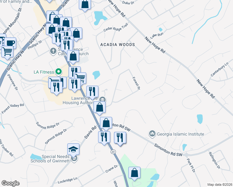 map of restaurants, bars, coffee shops, grocery stores, and more near 166 Tall Timber Court in Lawrenceville