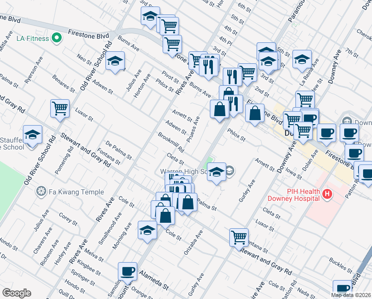 map of restaurants, bars, coffee shops, grocery stores, and more near 7927 Brookmill Road in Downey