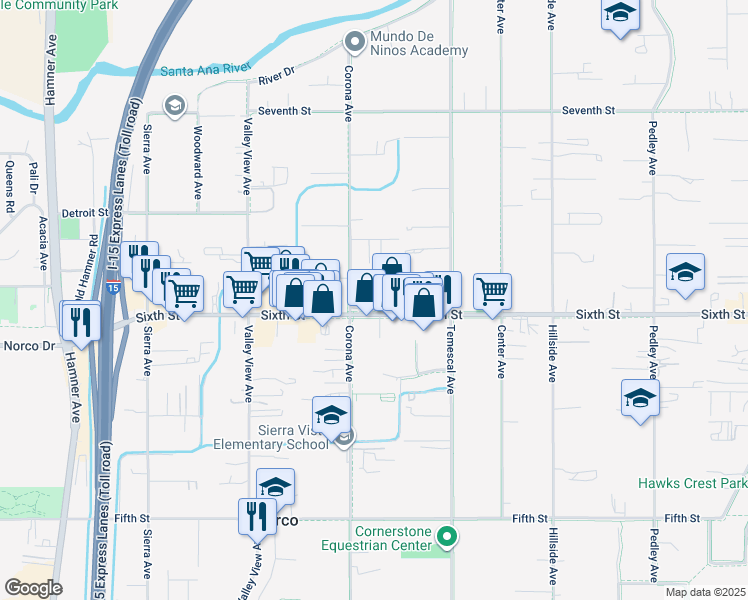 map of restaurants, bars, coffee shops, grocery stores, and more near 1053 Sixth Street in Norco